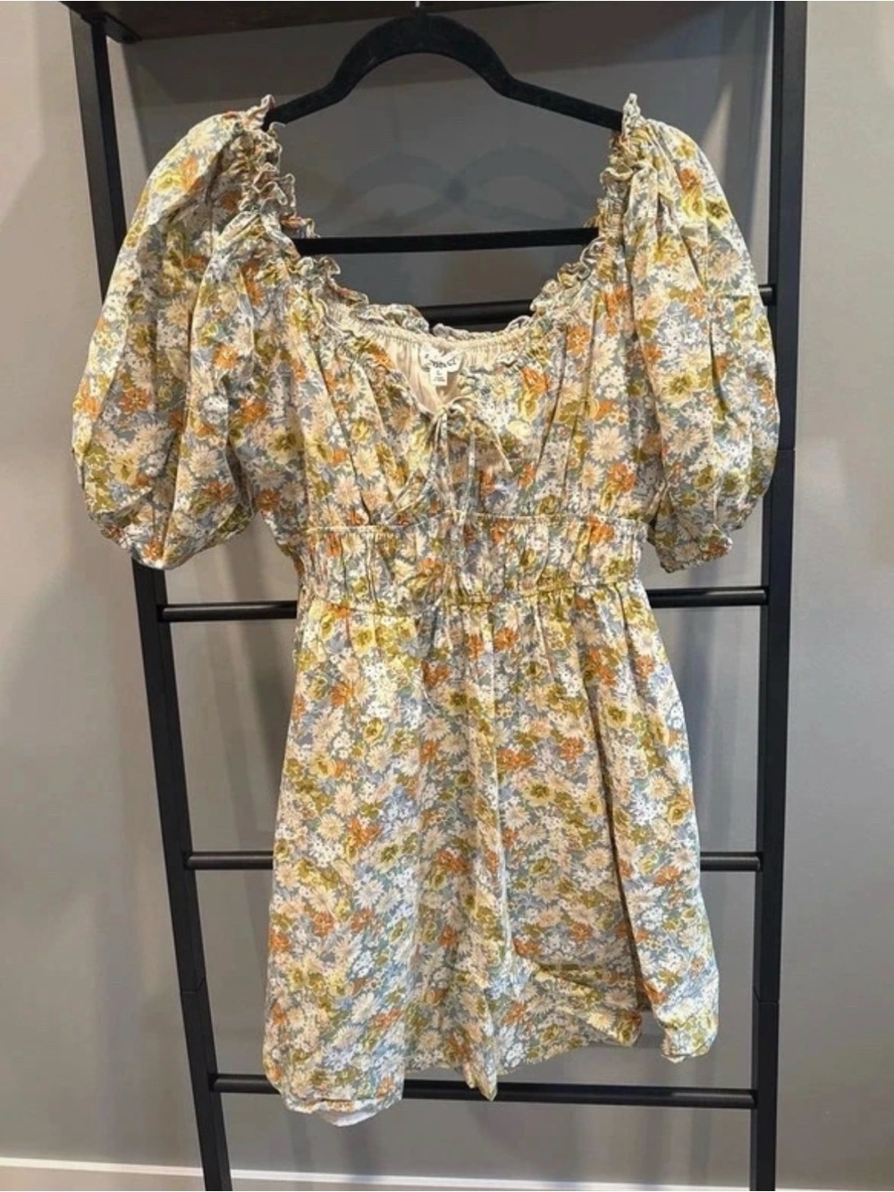 Floral Puff Sleeve Mini Dress in Yellow & Blue